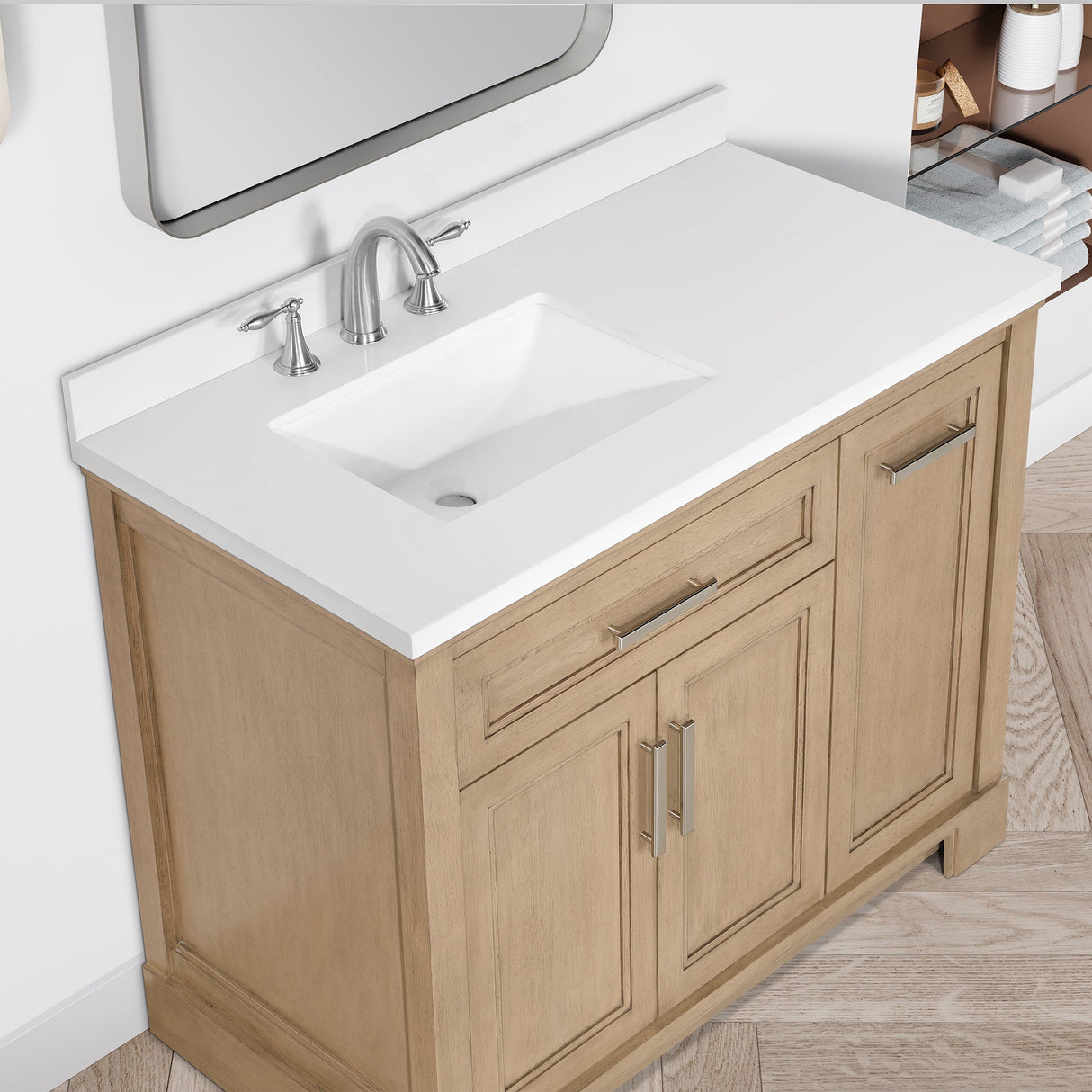 SCARLETT 42IN VANITY IN SAHARA BIRCH WITH WHITE QUARTZ TOP & CERAMIC BASIN