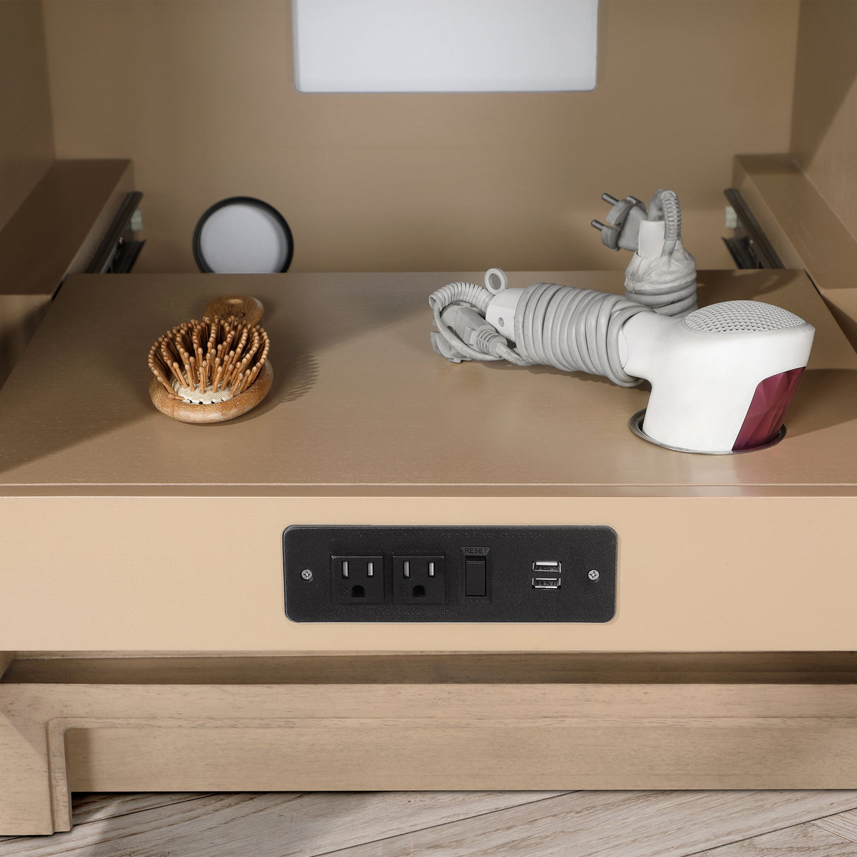 SCARLETT 42IN VANITY IN SAHARA BIRCH WITH WHITE QUARTZ TOP & CERAMIC BASIN