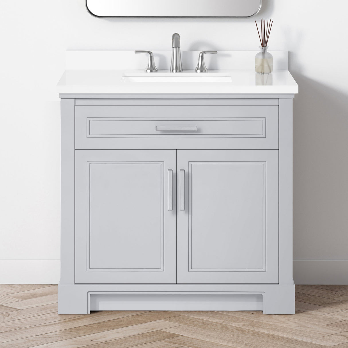 SCARLETT 36IN VANITY IN DOVE GREY WITH WHITE QUARTZ TOP & CERAMIC BASIN