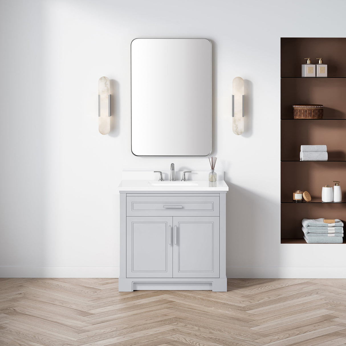 SCARLETT 36IN VANITY IN DOVE GREY WITH WHITE QUARTZ TOP & CERAMIC BASIN