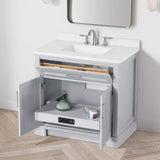 SCARLETT 36IN VANITY IN DOVE GREY WITH WHITE QUARTZ TOP & CERAMIC BASIN