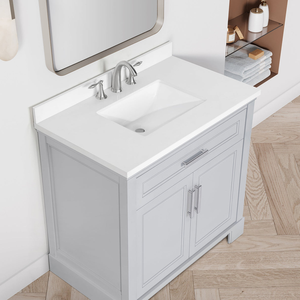 SCARLETT 36IN VANITY IN DOVE GREY WITH WHITE QUARTZ TOP & CERAMIC BASIN