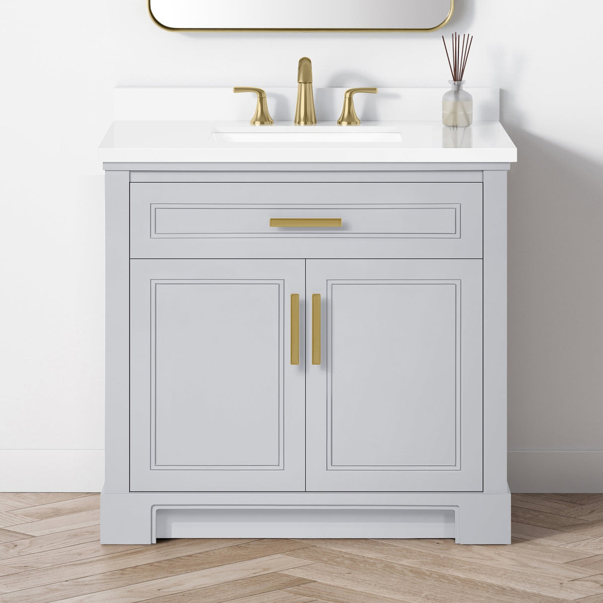 SCARLETT 36IN VANITY IN DOVE GREY WITH WHITE QUARTZ TOP & CERAMIC BASIN
