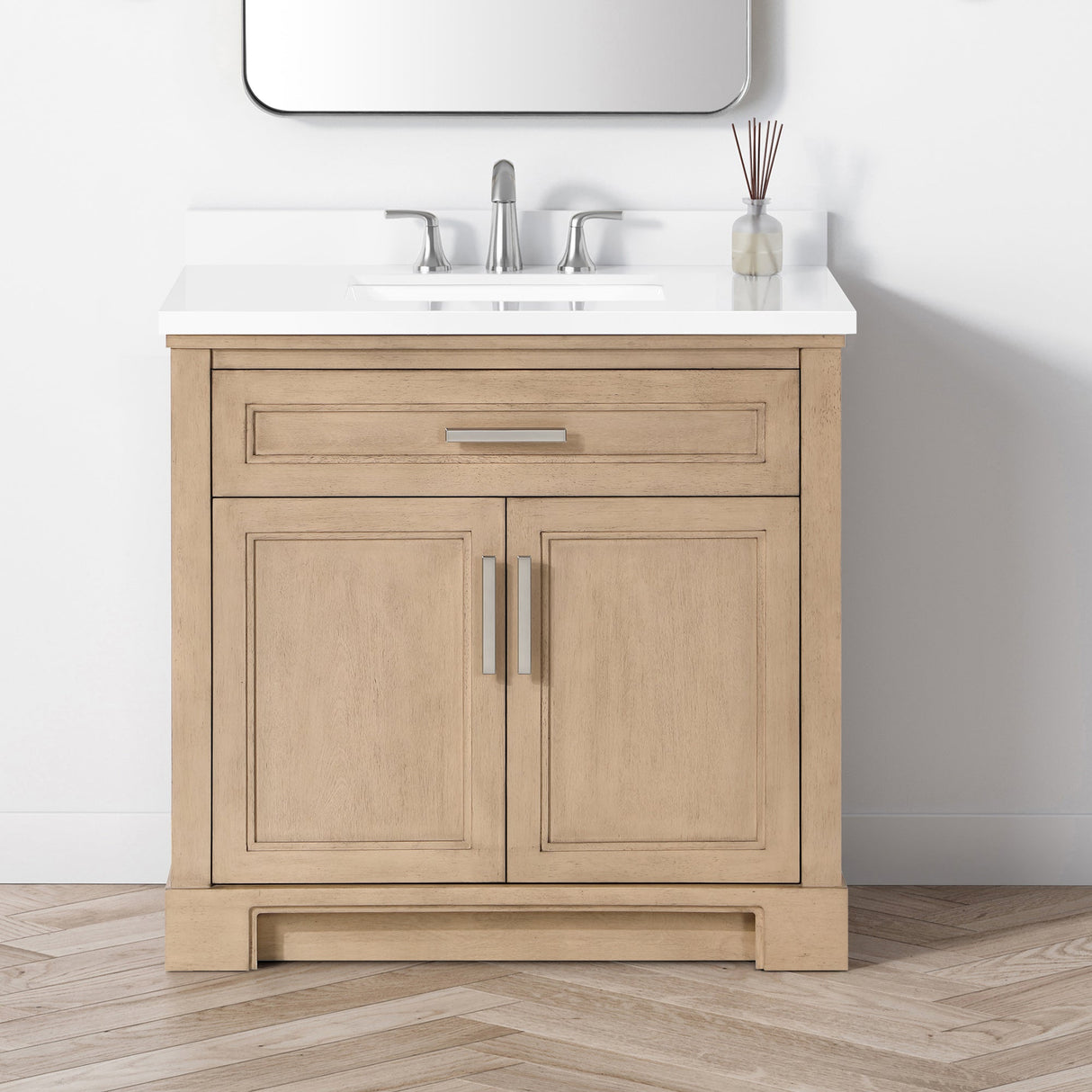 SCARLETT 36IN VANITY IN SAHARA BIRCH WITH WHITE QUARTZ TOP & CERAMIC BASIN