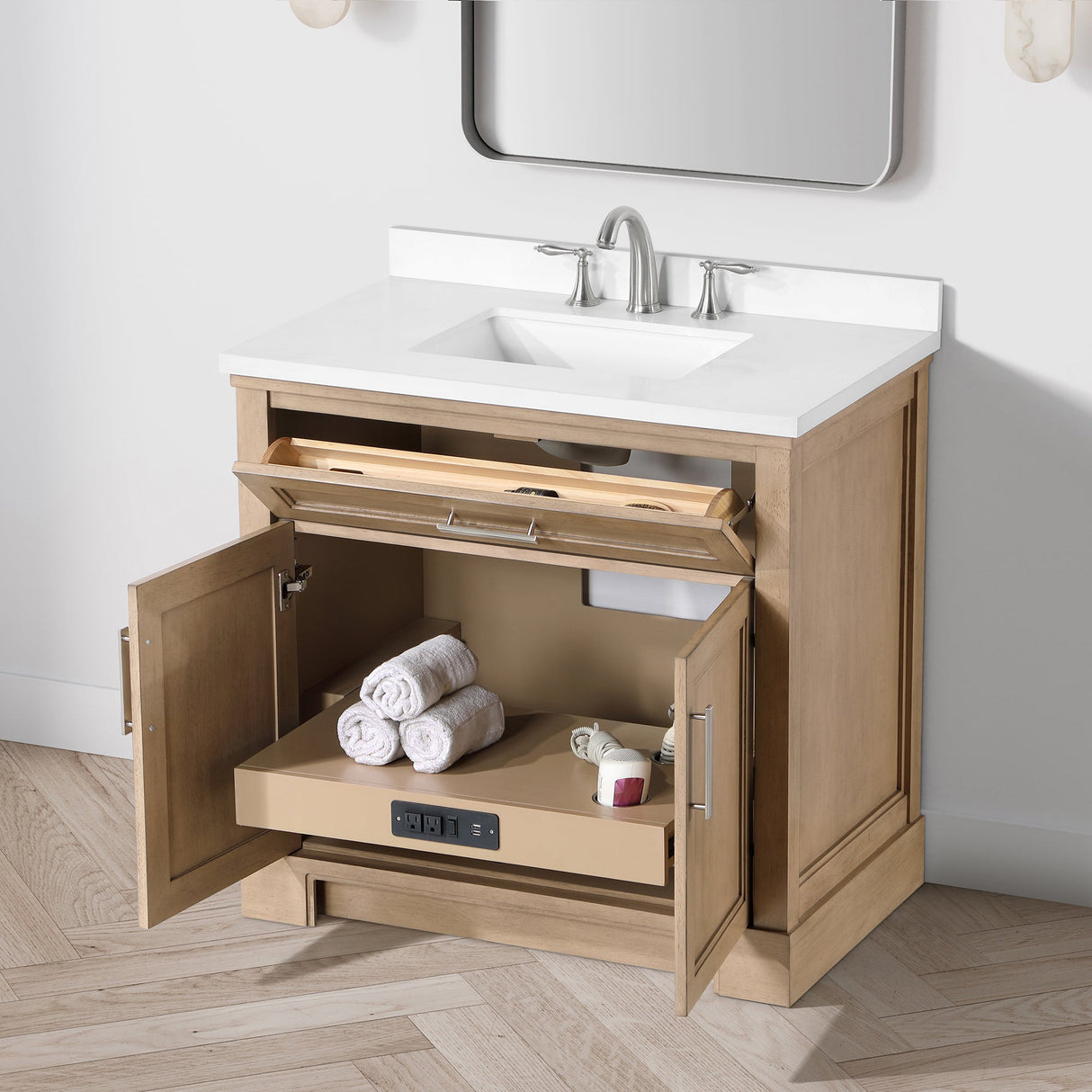 SCARLETT 36IN VANITY IN SAHARA BIRCH WITH WHITE QUARTZ TOP & CERAMIC BASIN