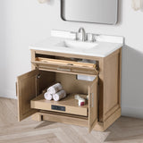 SCARLETT 36IN VANITY IN SAHARA BIRCH WITH WHITE QUARTZ TOP & CERAMIC BASIN