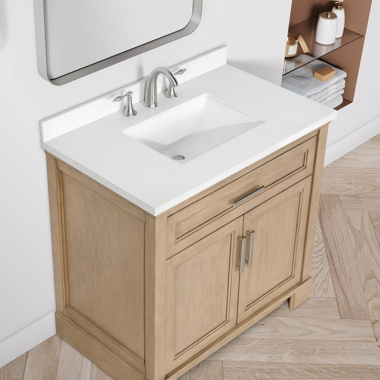 SCARLETT 36IN VANITY IN SAHARA BIRCH WITH WHITE QUARTZ TOP & CERAMIC BASIN