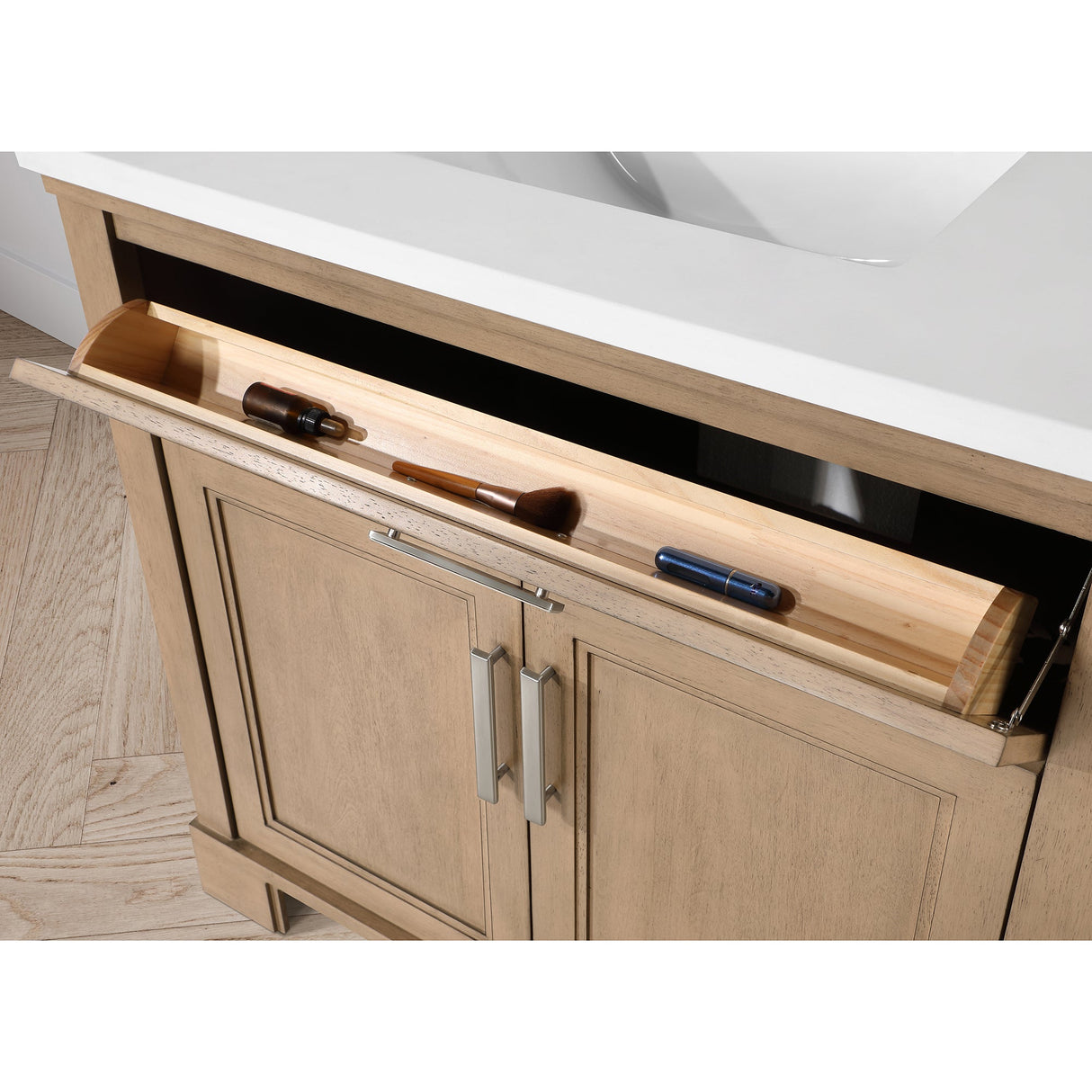 SCARLETT 36IN VANITY IN SAHARA BIRCH WITH WHITE QUARTZ TOP & CERAMIC BASIN