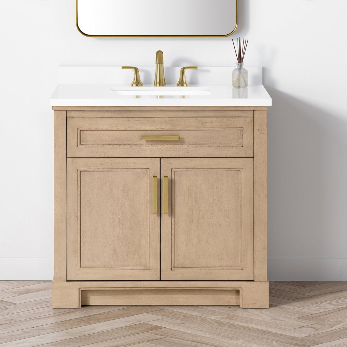 SCARLETT 36IN VANITY IN SAHARA BIRCH WITH WHITE QUARTZ TOP & CERAMIC BASIN