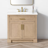 SCARLETT 36IN VANITY IN SAHARA BIRCH WITH WHITE QUARTZ TOP & CERAMIC BASIN