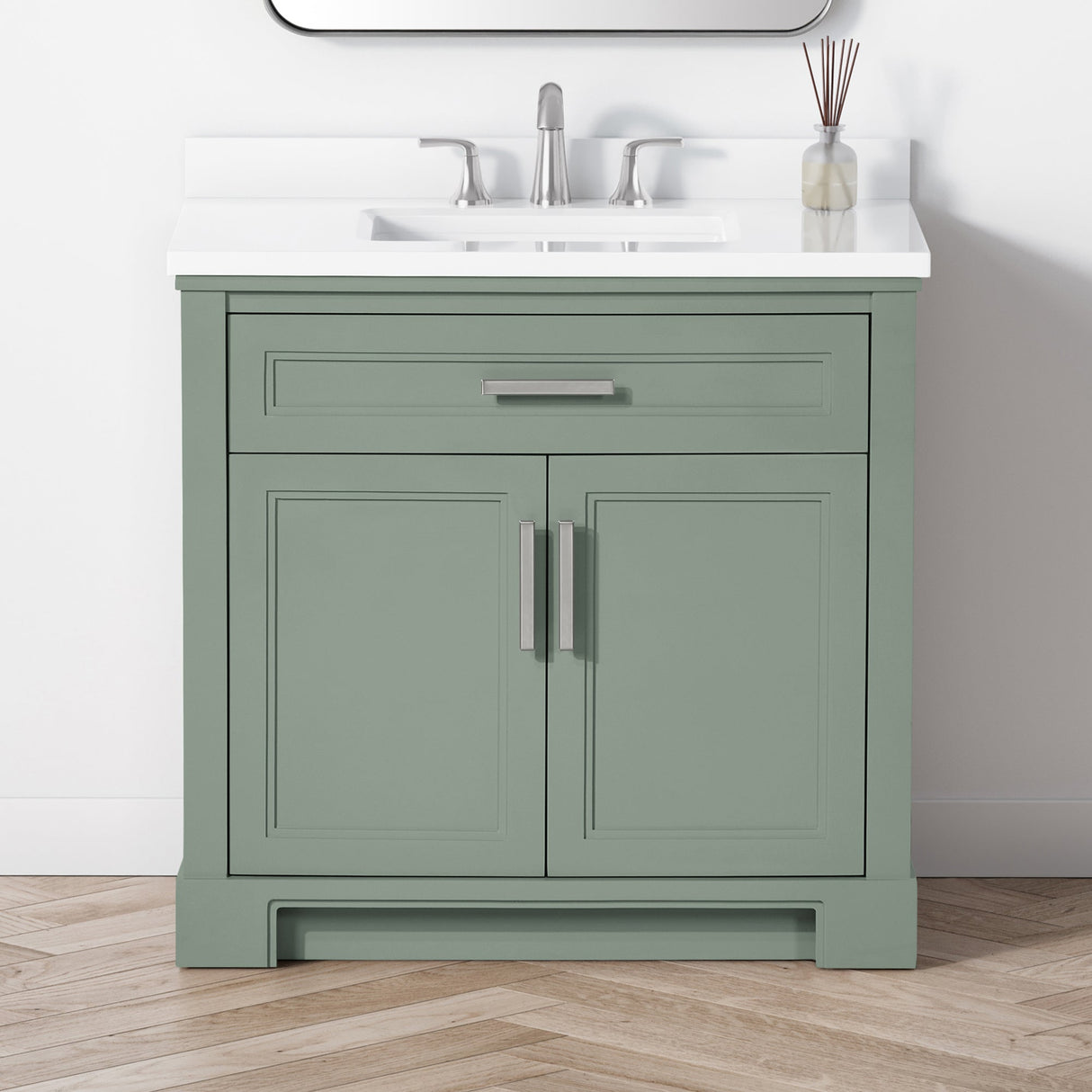 SCARLETT 36IN VANITY IN SAGE GREEN WITH WHITE QUARTZ TOP & CERAMIC BASIN