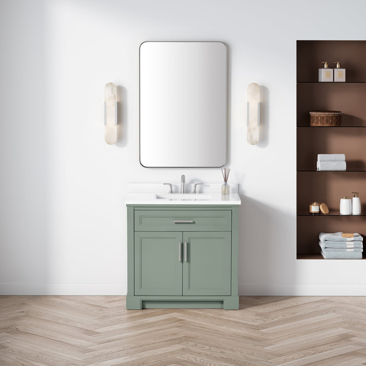 SCARLETT 36IN VANITY IN SAGE GREEN WITH WHITE QUARTZ TOP & CERAMIC BASIN