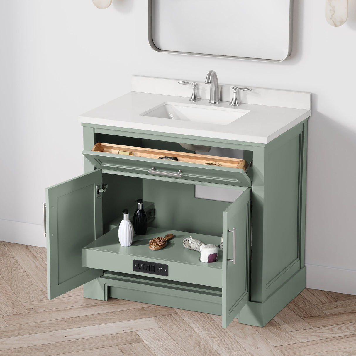 SCARLETT 36IN VANITY IN SAGE GREEN WITH WHITE QUARTZ TOP & CERAMIC BASIN