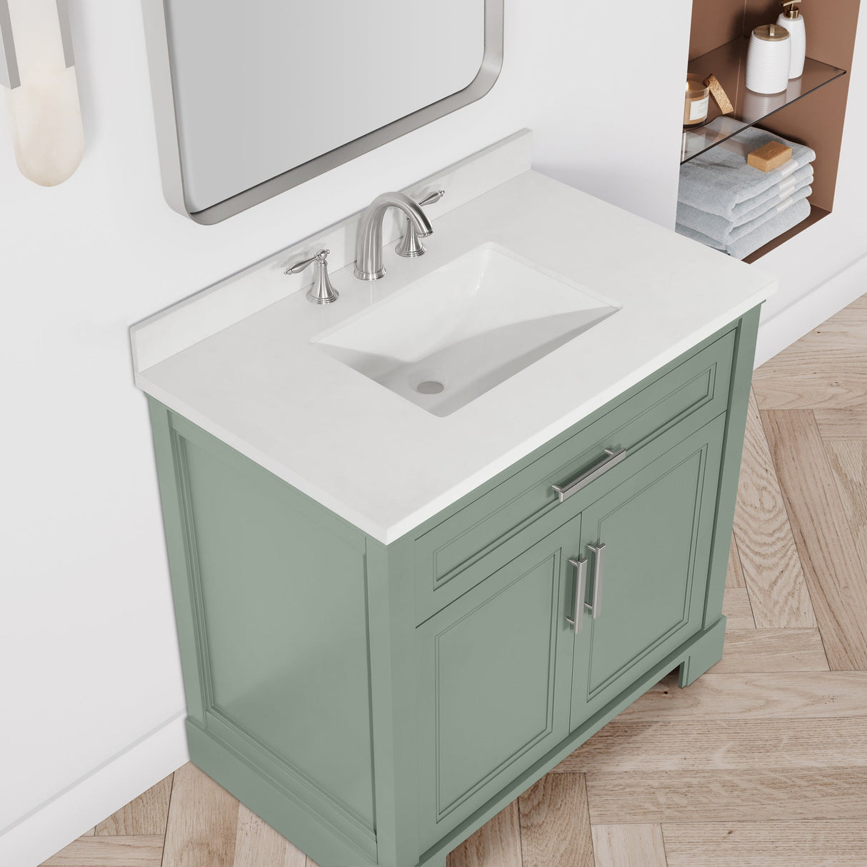 SCARLETT 36IN VANITY IN SAGE GREEN WITH WHITE QUARTZ TOP & CERAMIC BASIN