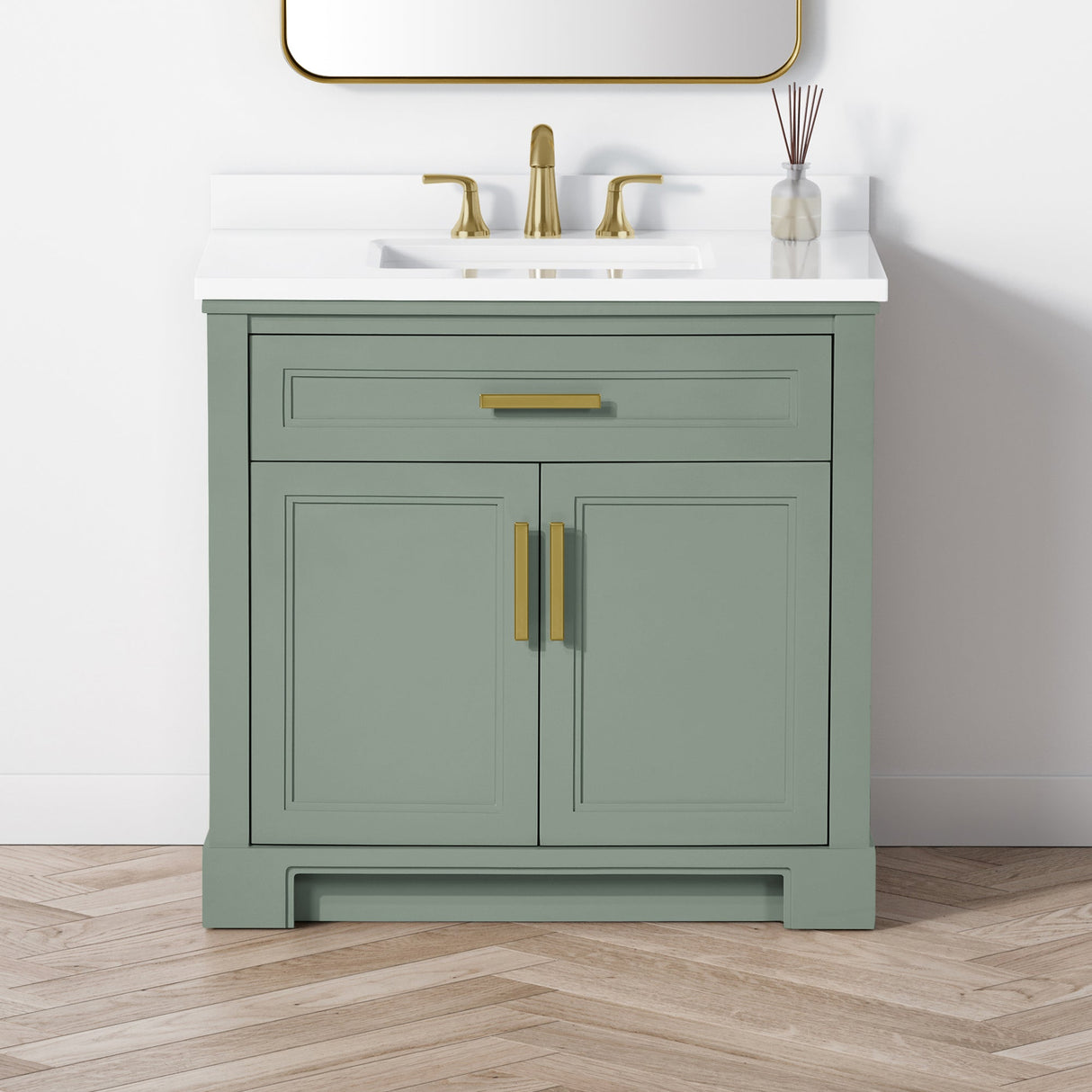 SCARLETT 36IN VANITY IN SAGE GREEN WITH WHITE QUARTZ TOP & CERAMIC BASIN