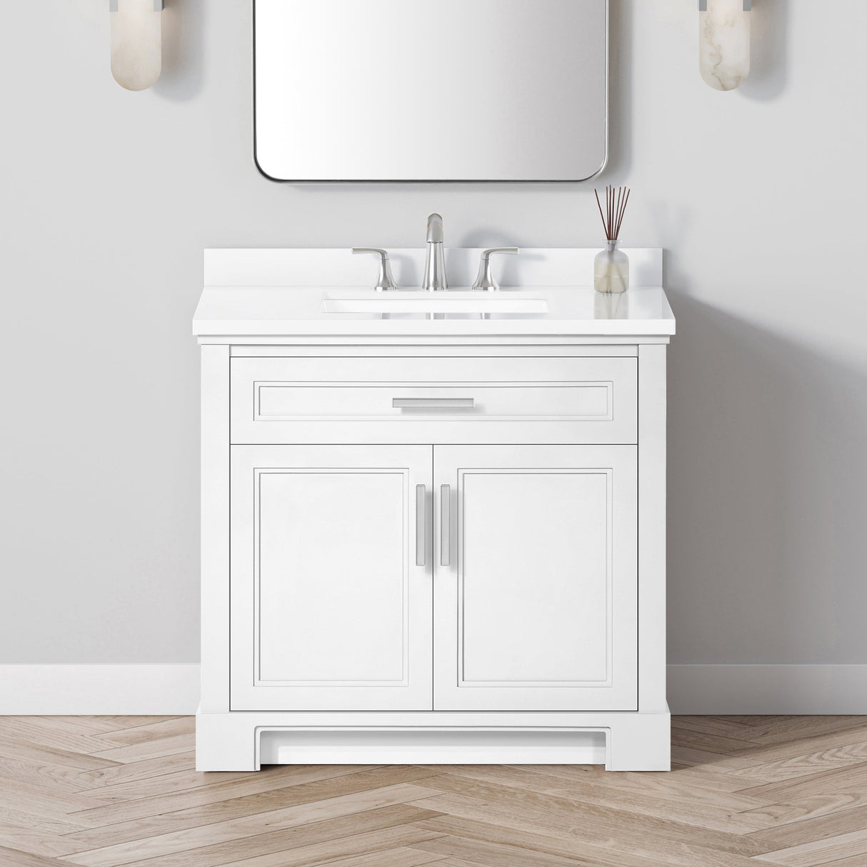 SCARLETT 36IN VANITY IN WHITE WITH WHITE QUARTZ TOP & CERAMIC BASIN