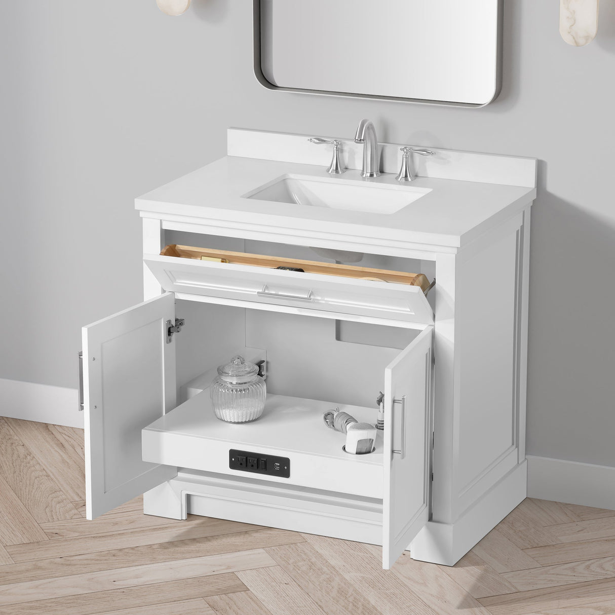SCARLETT 36IN VANITY IN WHITE WITH WHITE QUARTZ TOP & CERAMIC BASIN