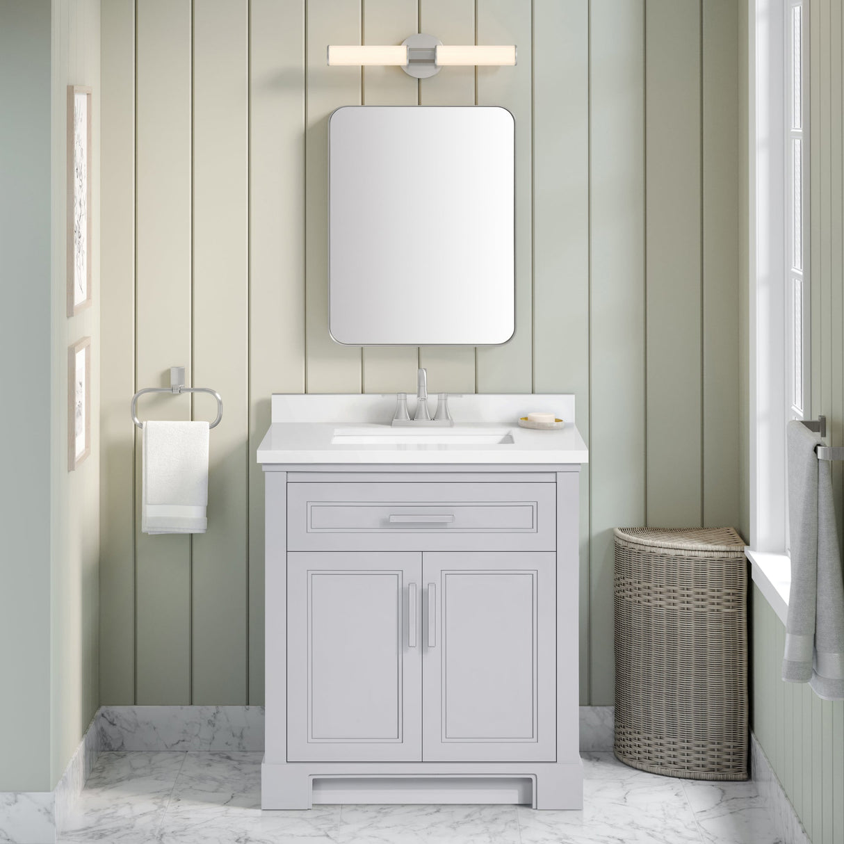SCARLETT 30IN VANITY IN DOVE GREY WITH WHITE QUARTZ TOP & CERAMIC BASIN