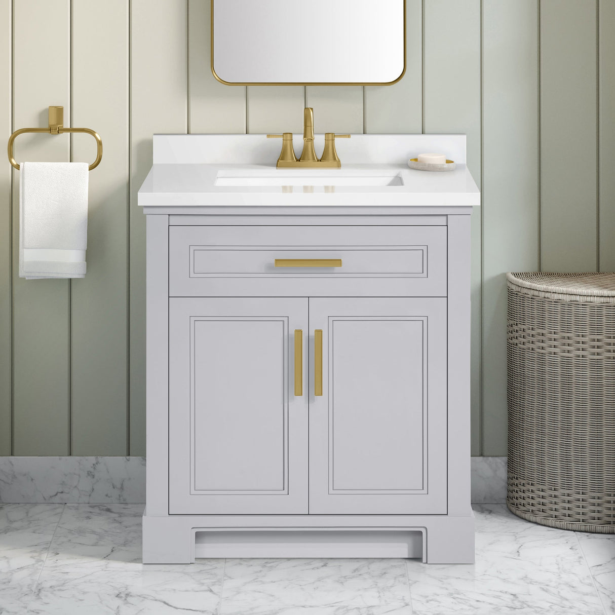 SCARLETT 30IN VANITY IN DOVE GREY WITH WHITE QUARTZ TOP & CERAMIC BASIN