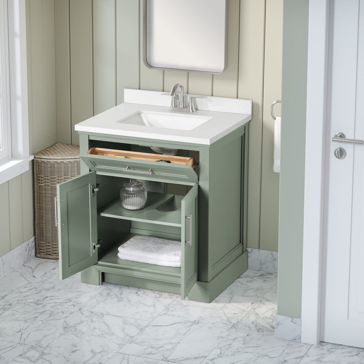 SCARLETT 30IN VANITY IN SAGE GREEN WITH WHITE QUARTZ TOP & CERAMIC BASIN