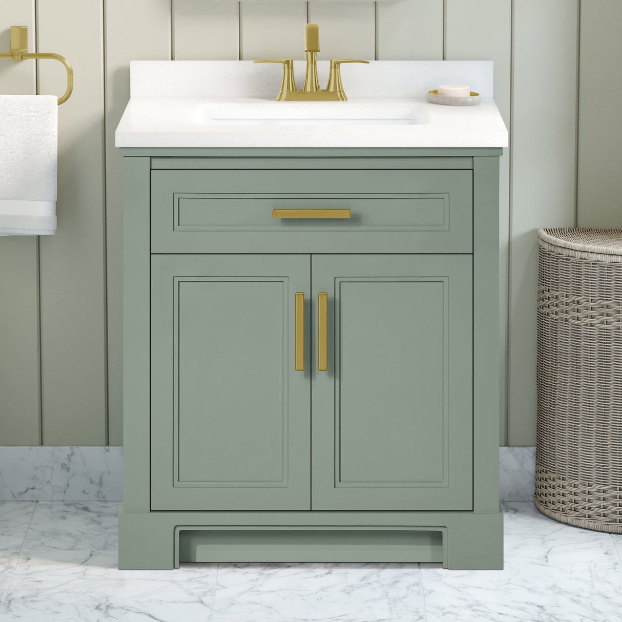 SCARLETT 30IN VANITY IN SAGE GREEN WITH WHITE QUARTZ TOP & CERAMIC BASIN