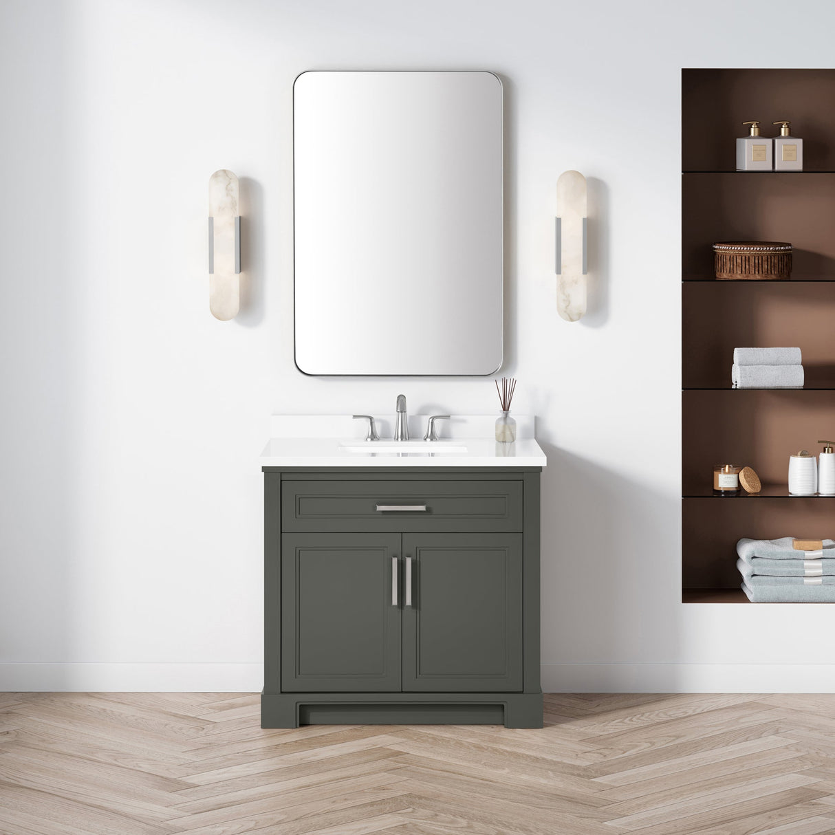 SCARLETT 36IN VANITY IN CHARCOAL GOAL WITH WHITE QUARTZ TOP & CERAMIC BASIN