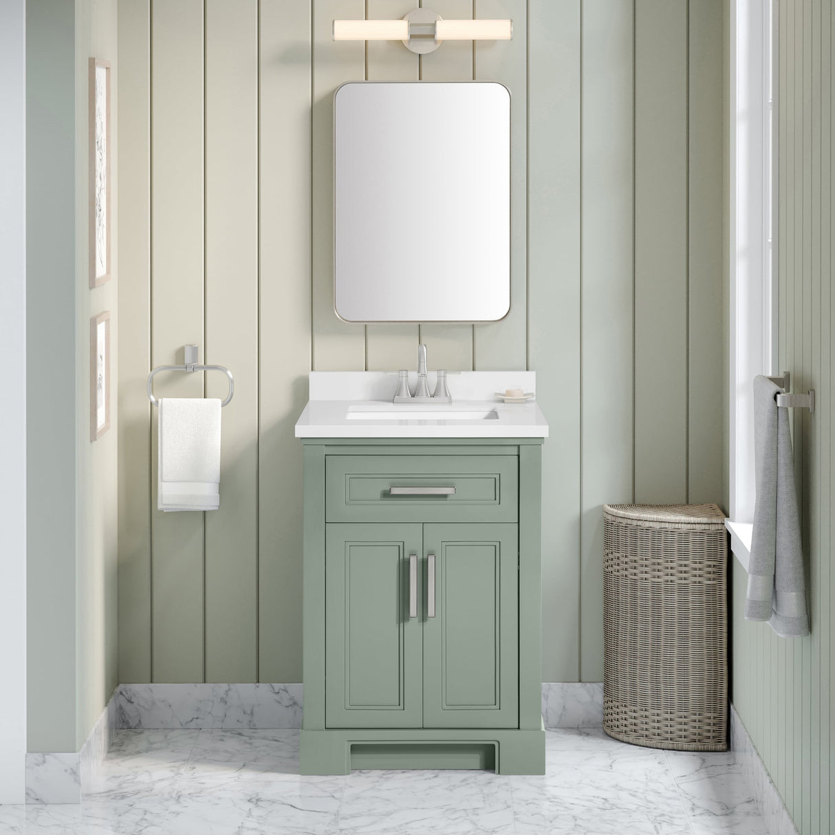 SCARLETT 24IN VANITY IN SAGE GREEN WITH WHITE QUARTZ TOP & CERAMIC BASIN