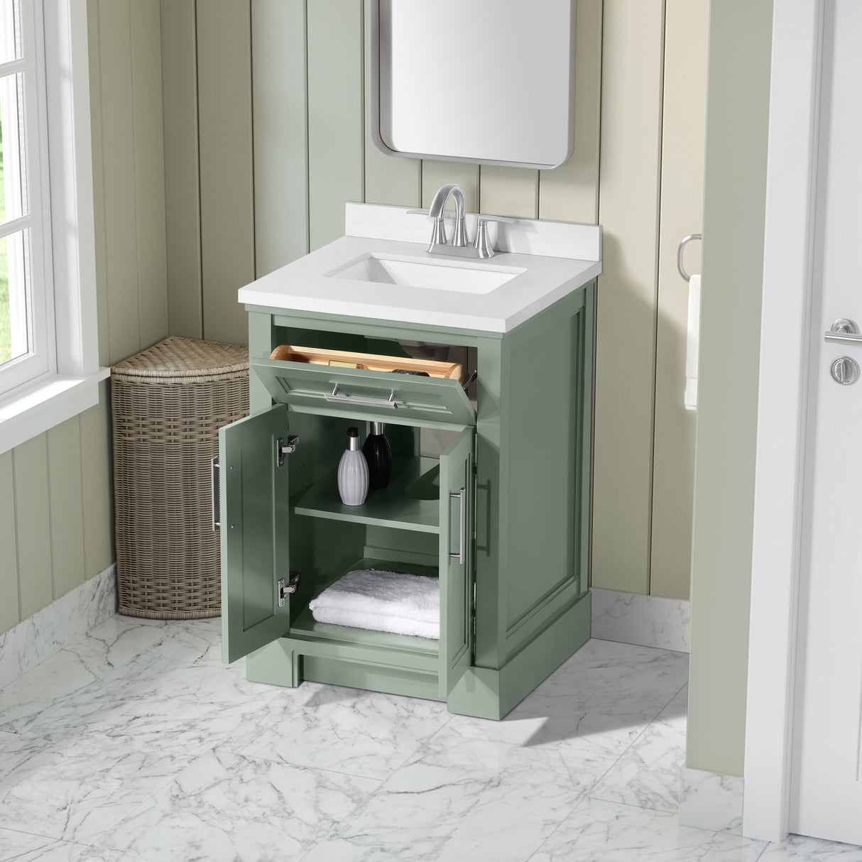 SCARLETT 24IN VANITY IN SAGE GREEN WITH WHITE QUARTZ TOP & CERAMIC BASIN