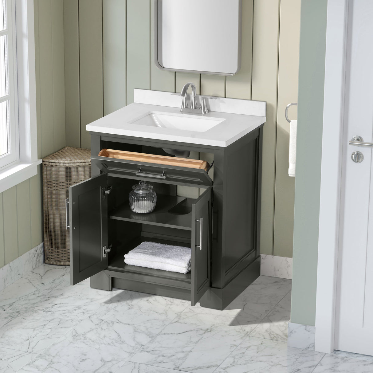 SCARLETT 30IN VANITY IN CHARCOAL GREY WITH WHITE QUARTZ TOP & CERAMIC BASIN