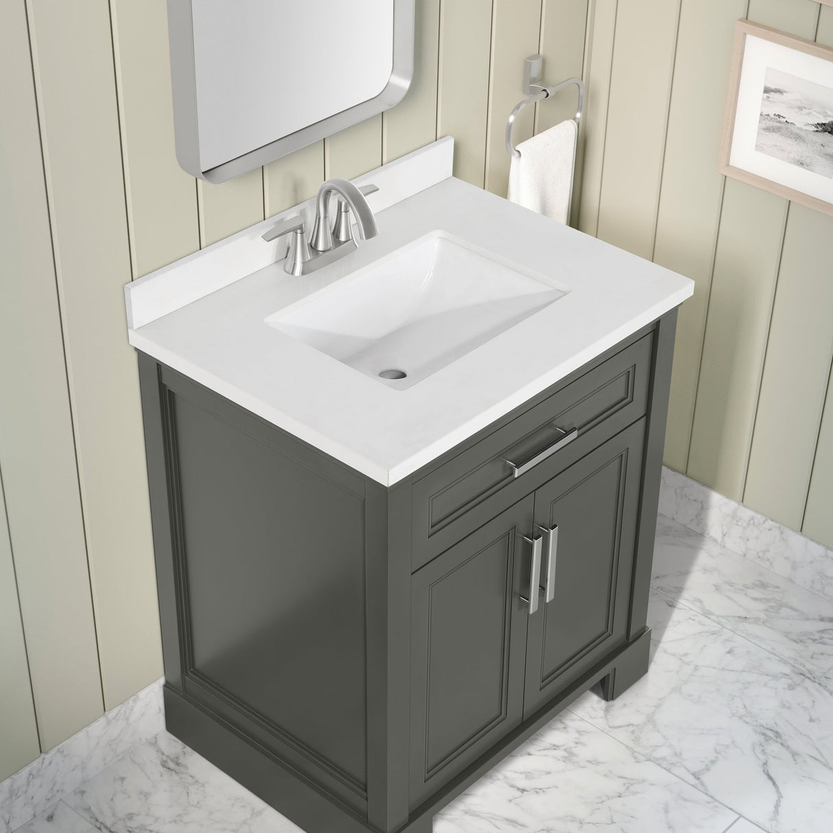 SCARLETT 30IN VANITY IN CHARCOAL GREY WITH WHITE QUARTZ TOP & CERAMIC BASIN
