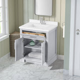SCARLETT 30IN VANITY IN DOVE GREY WITH WHITE QUARTZ TOP & CERAMIC BASIN