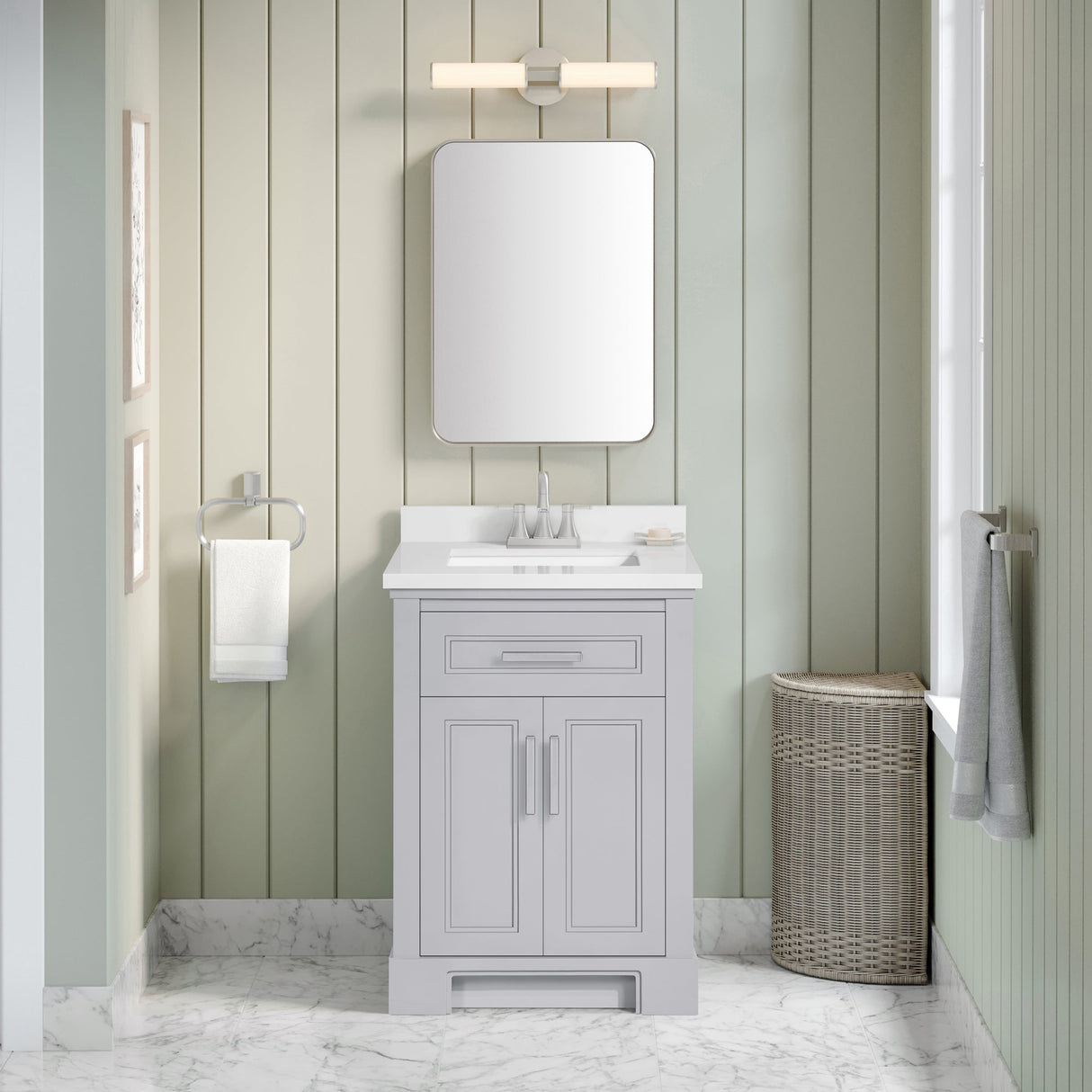 SCARLETT 24IN VANITY IN DOVE GREY WITH WHITE QUARTZ TOP & CERAMIC BASIN