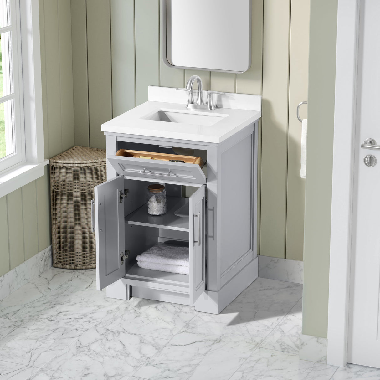 SCARLETT 24IN VANITY IN DOVE GREY WITH WHITE QUARTZ TOP & CERAMIC BASIN