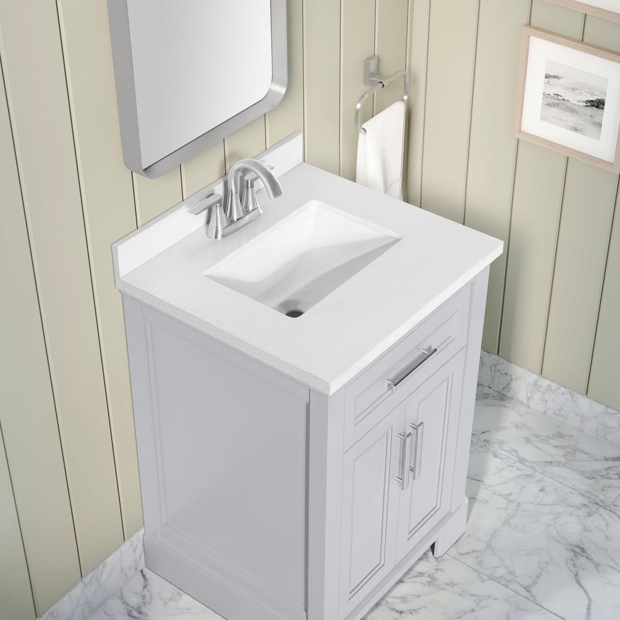 SCARLETT 24IN VANITY IN DOVE GREY WITH WHITE QUARTZ TOP & CERAMIC BASIN