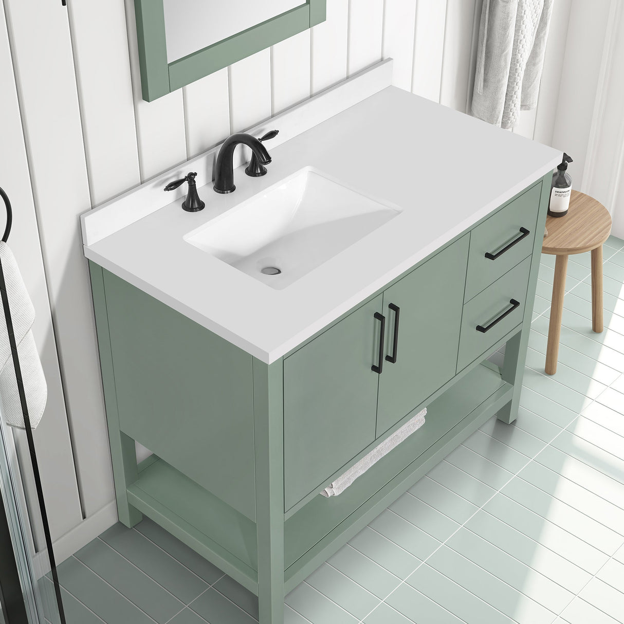 BANKS 42IN VANITY WITH SLAB DOOR IN SAGE GREEN WHITE QUARTZ TOP & CERAMIC BASIN