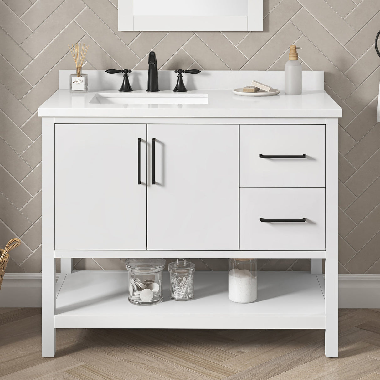 BANKS 42IN VANITY WITH SLAB DOOR IN WHITE WITH WHITE QUARTZ TOP & CERAMIC BASIN