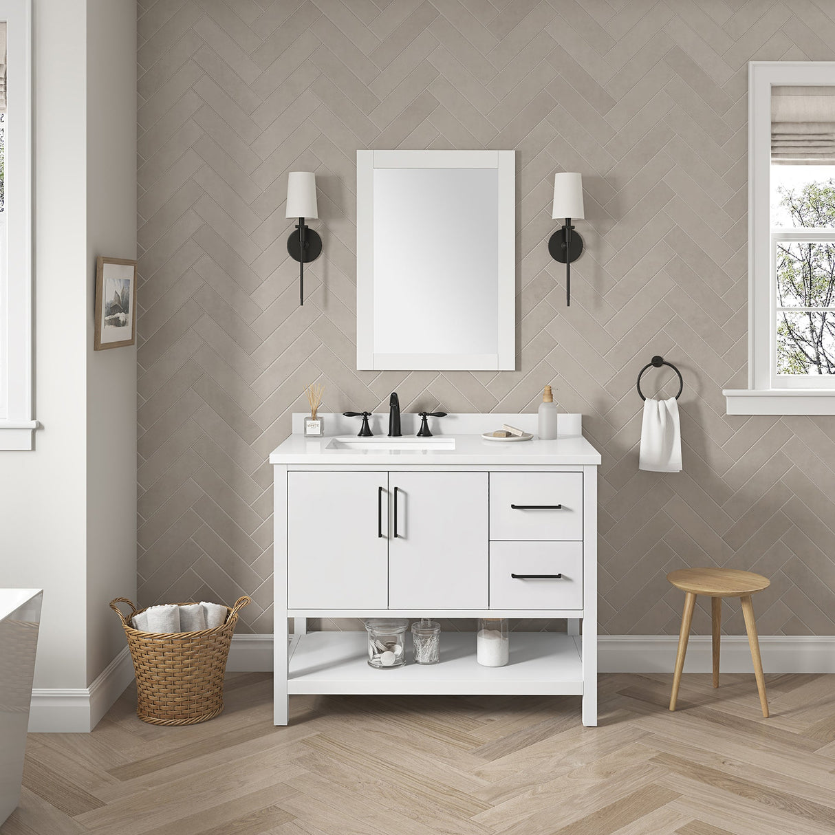 BANKS 42IN VANITY WITH SLAB DOOR IN WHITE WITH WHITE QUARTZ TOP & CERAMIC BASIN