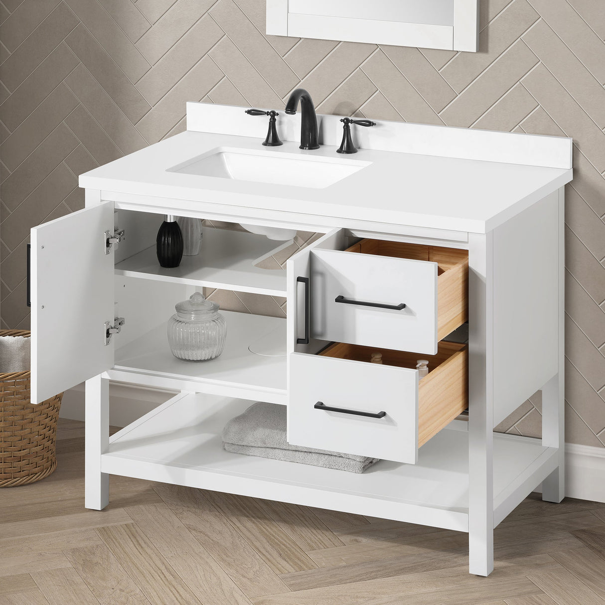 BANKS 42IN VANITY WITH SLAB DOOR IN WHITE WITH WHITE QUARTZ TOP & CERAMIC BASIN