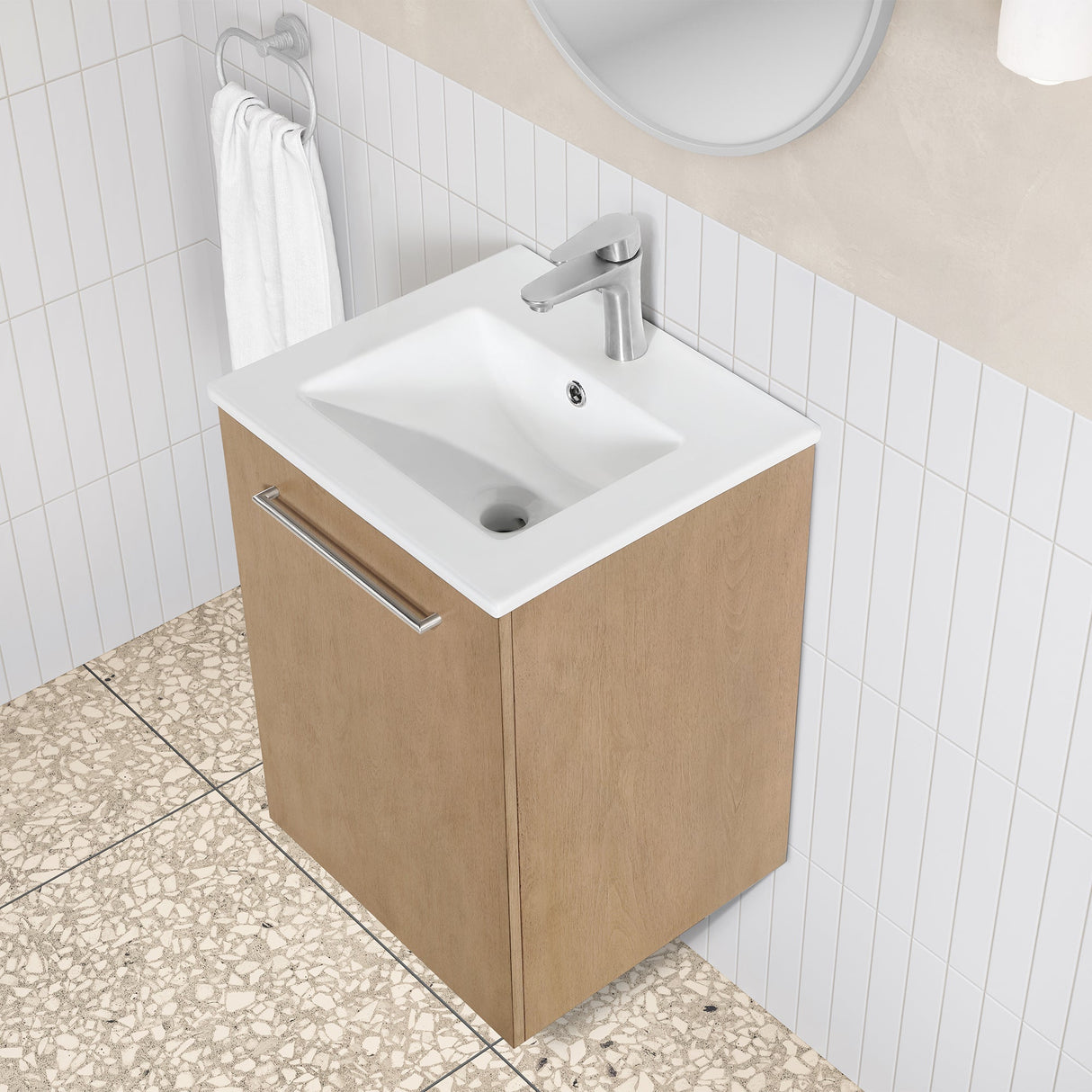 MILLS 18IN VANITY IN SAHARA BIRCH WITH A WHITE INTEGRATED CERAMIC BASIN