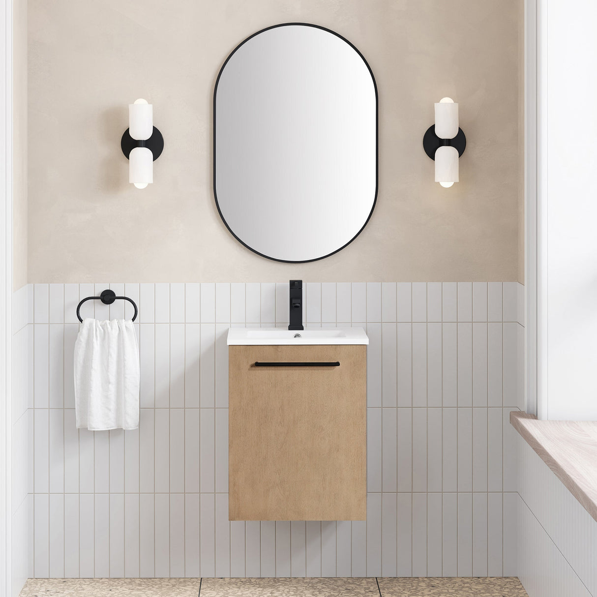 MILLS 18IN VANITY IN SAHARA BIRCH WITH A WHITE INTEGRATED CERAMIC BASIN