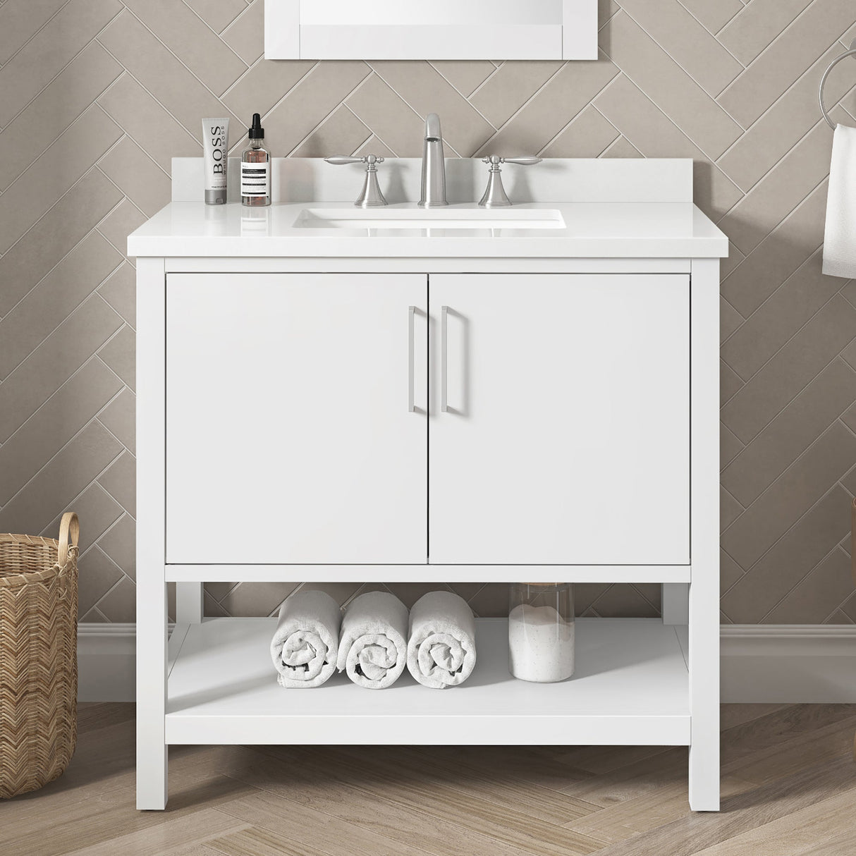 BANKS 36IN VANITY WITH SLAB DOOR IN WHITE WITH WHITE QUARTZ TOP & CERAMIC BASIN