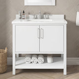 BANKS 36IN VANITY WITH SLAB DOOR IN WHITE WITH WHITE QUARTZ TOP & CERAMIC BASIN