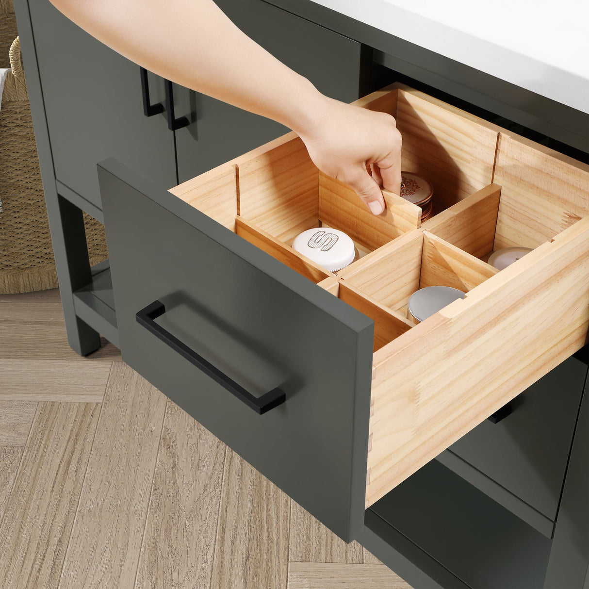 BANKS 42IN VANITY WITH SLAB DOOR IN CHARCOAL GREY WITH WHITE QUARTZ TOP & CERAMIC BASIN