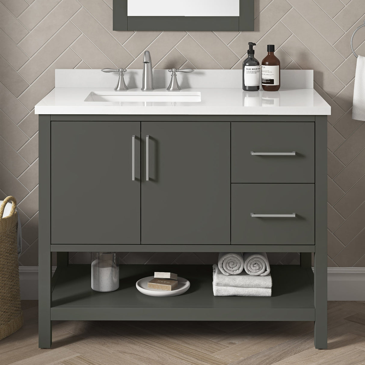 BANKS 42IN VANITY WITH SLAB DOOR IN CHARCOAL GREY WITH WHITE QUARTZ TOP & CERAMIC BASIN