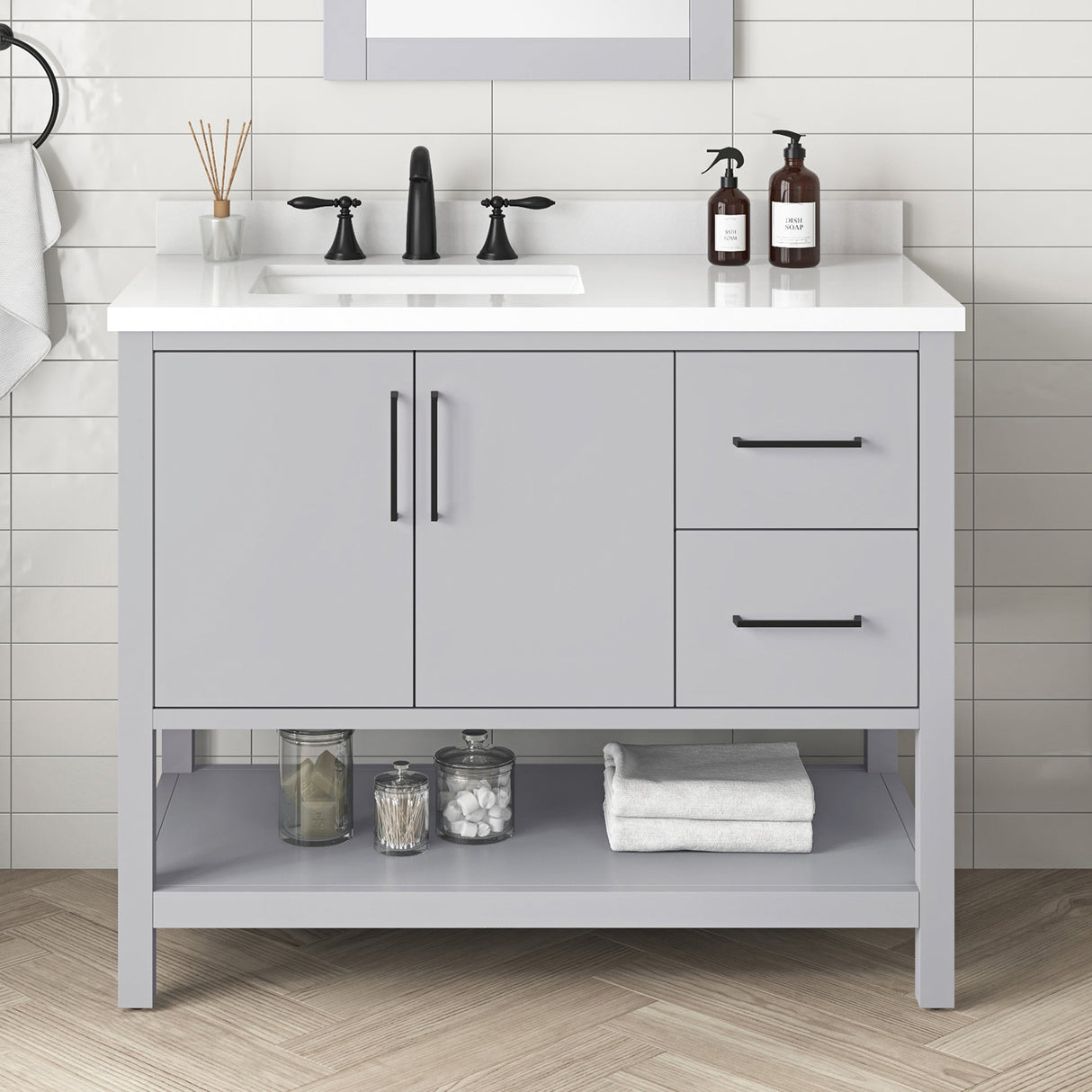 BANKS 42IN VANITY WITH SLAB DOOR IN DOVE GREY WITH WHITE QUARTZ TOP & CERAMIC BASIN