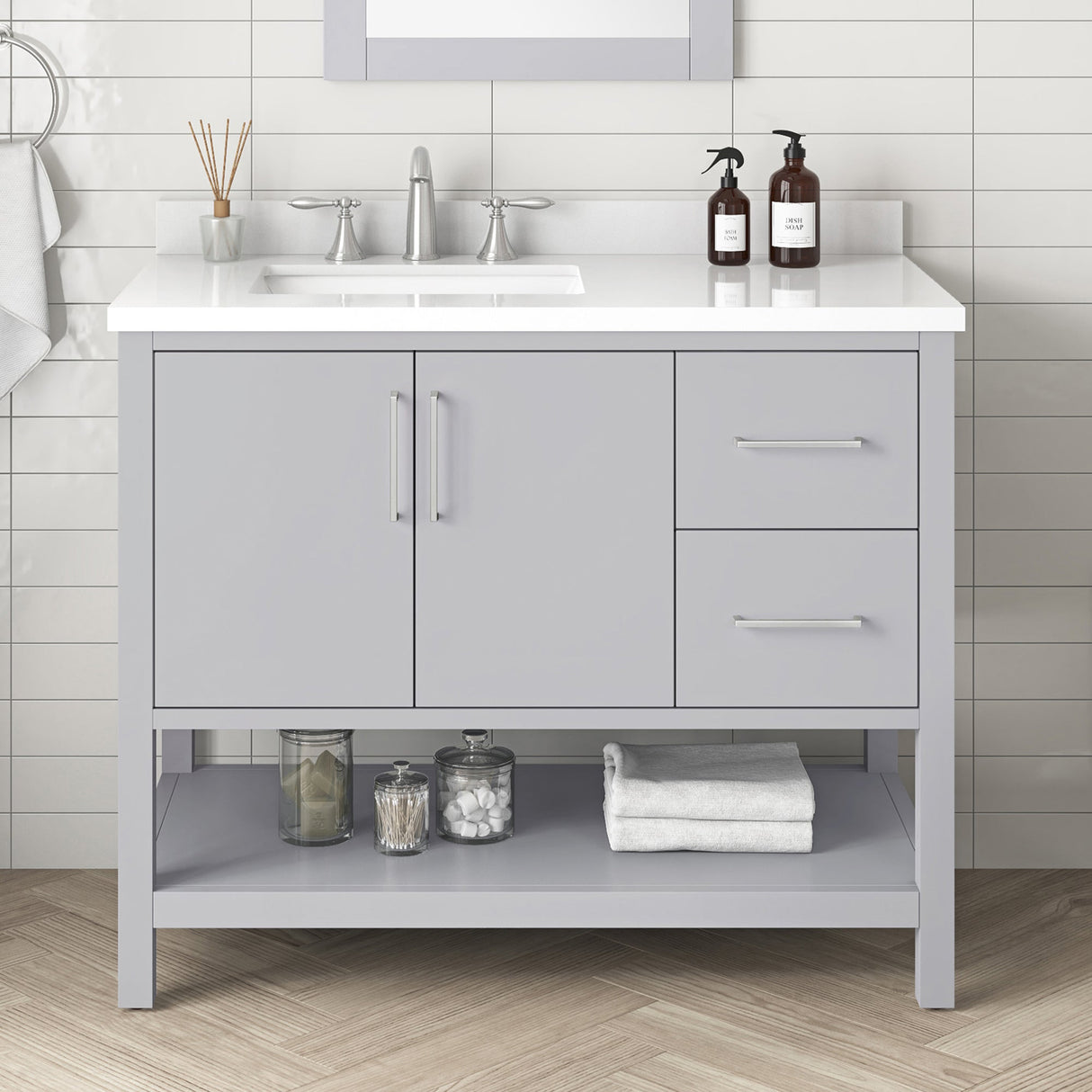 BANKS 42IN VANITY WITH SLAB DOOR IN DOVE GREY WITH WHITE QUARTZ TOP & CERAMIC BASIN