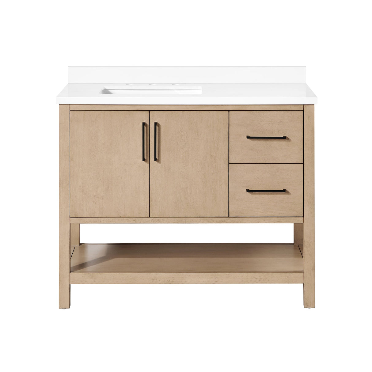 BANKS 42IN VANITY WITH SLAB DOOR IN SAHARA BIRCH WHITE QUARTZ TOP & CERAMIC BASIN