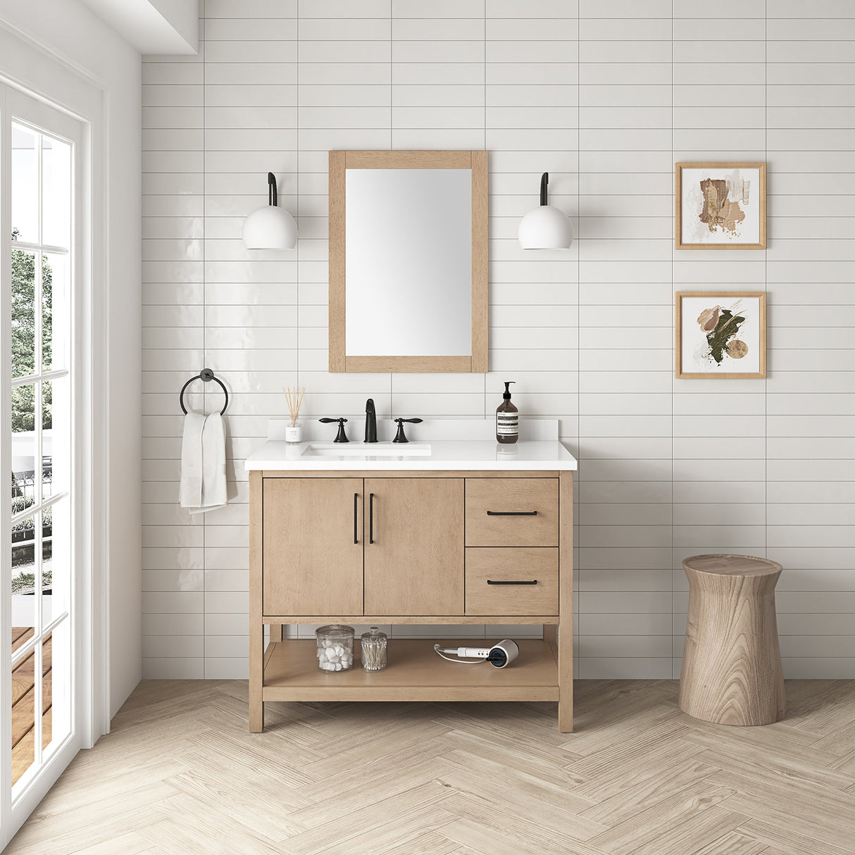 BANKS 42IN VANITY WITH SLAB DOOR IN SAHARA BIRCH WHITE QUARTZ TOP & CERAMIC BASIN