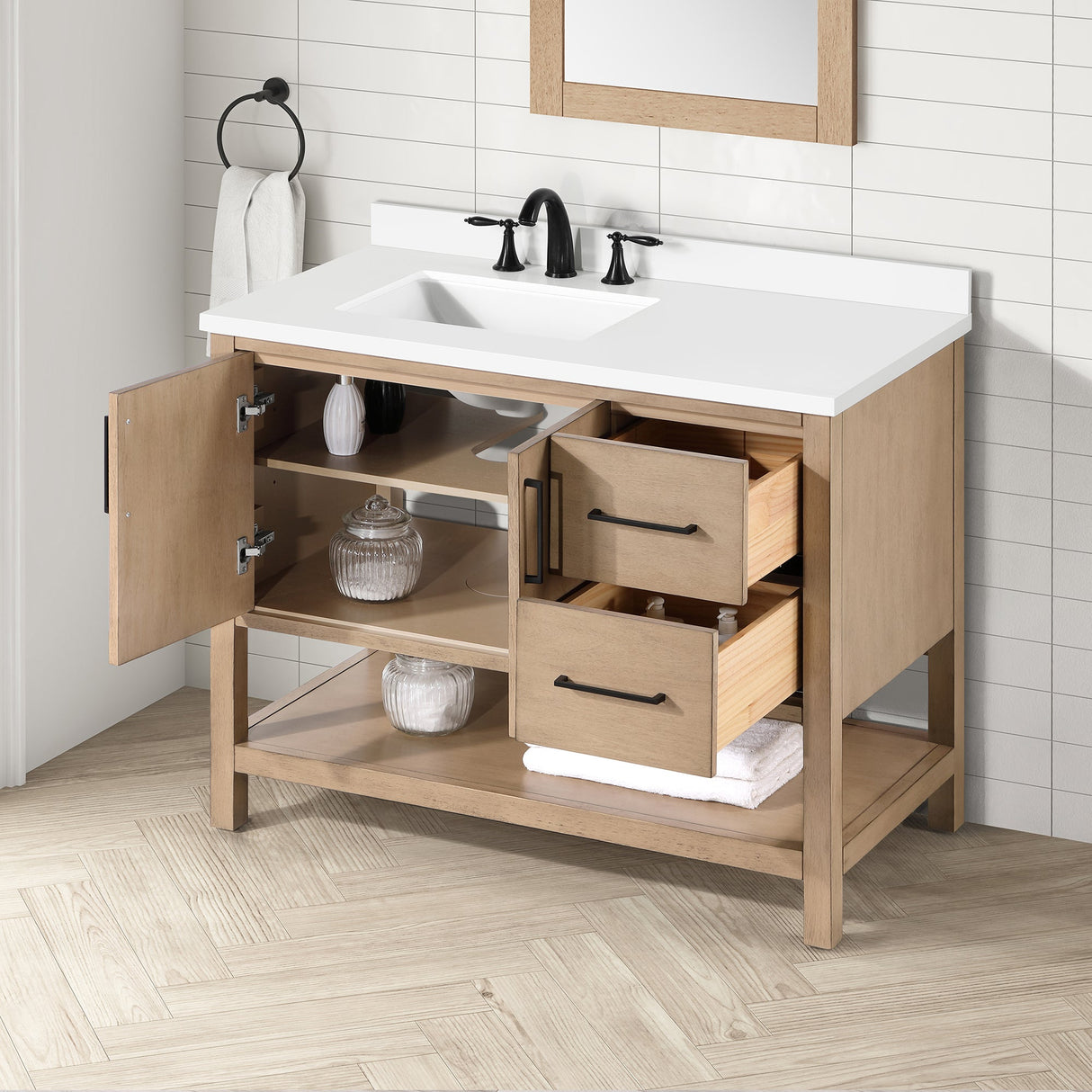 BANKS 42IN VANITY WITH SLAB DOOR IN SAHARA BIRCH WHITE QUARTZ TOP & CERAMIC BASIN