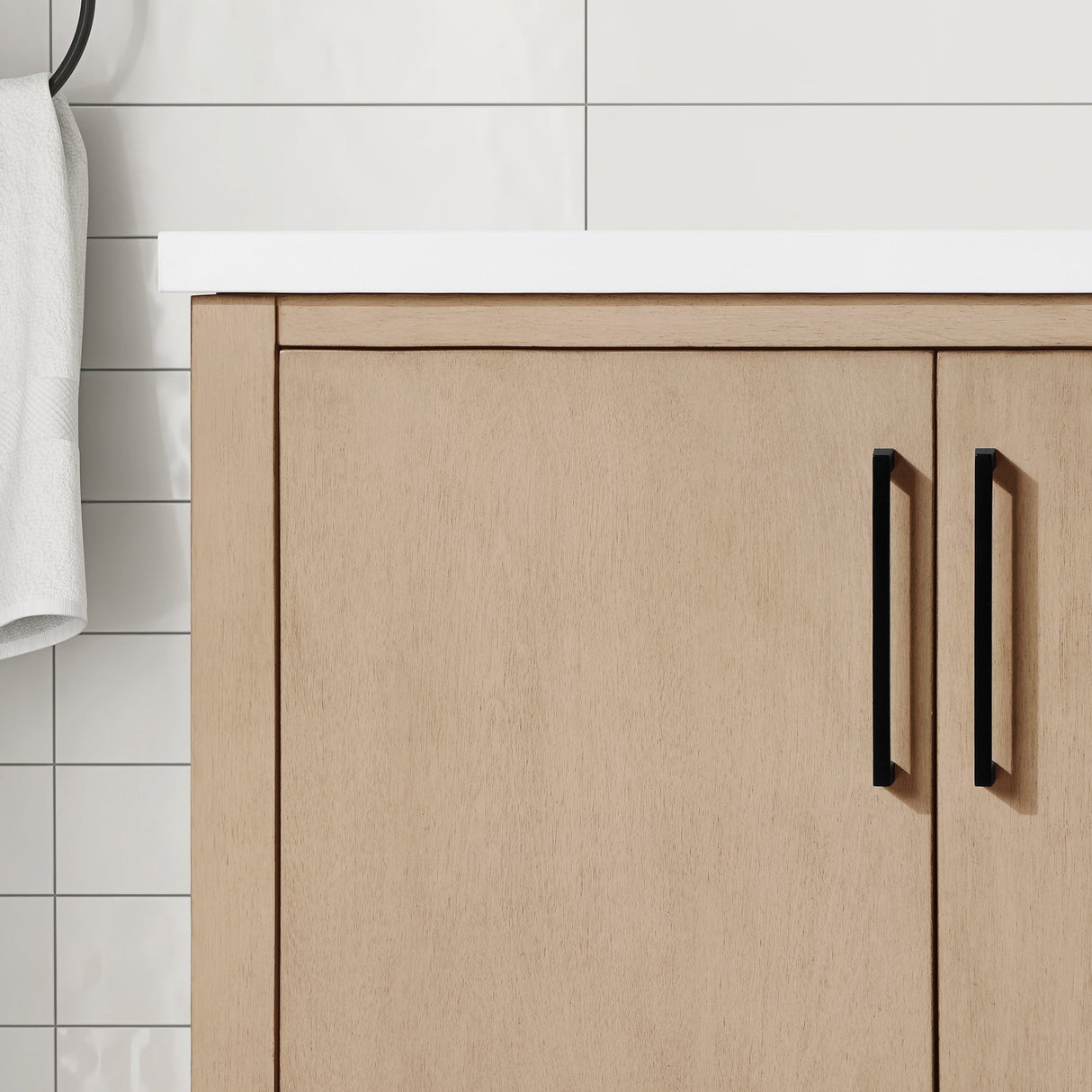 BANKS 42IN VANITY WITH SLAB DOOR IN SAHARA BIRCH WHITE QUARTZ TOP & CERAMIC BASIN